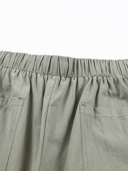 Green Cotton High Waist Loose Fit Shorts with Drawstring Waistband