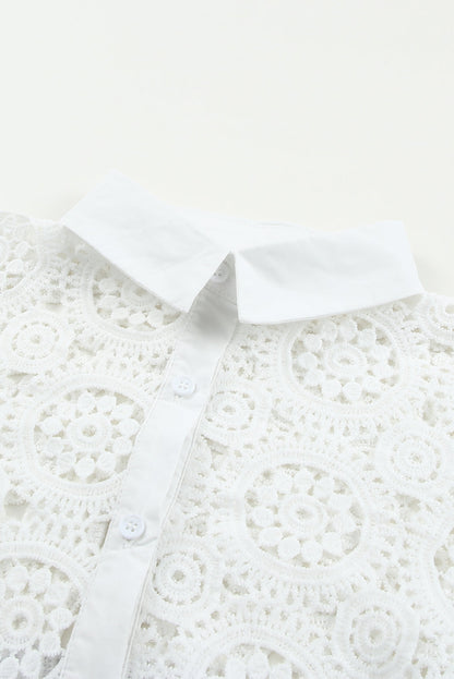 Elegant White Crochet Lace Button-Up Shirt with Turn-down Collar