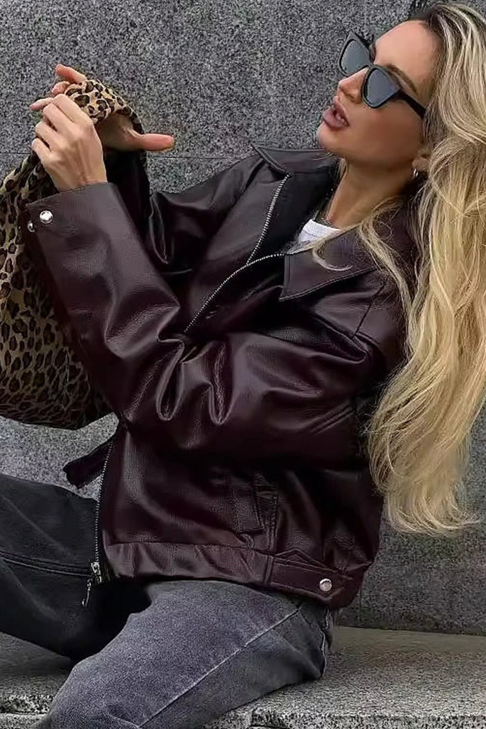 Wild Ginger Retro Elastic Hem Zip Up Leatherette Jacket