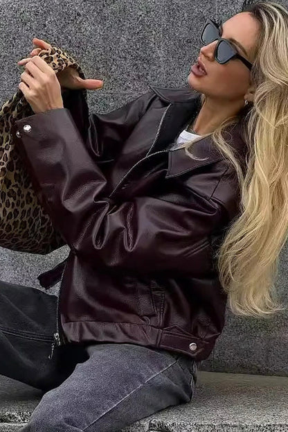 Wild Ginger Retro Elastic Hem Zip Up Leatherette Jacket