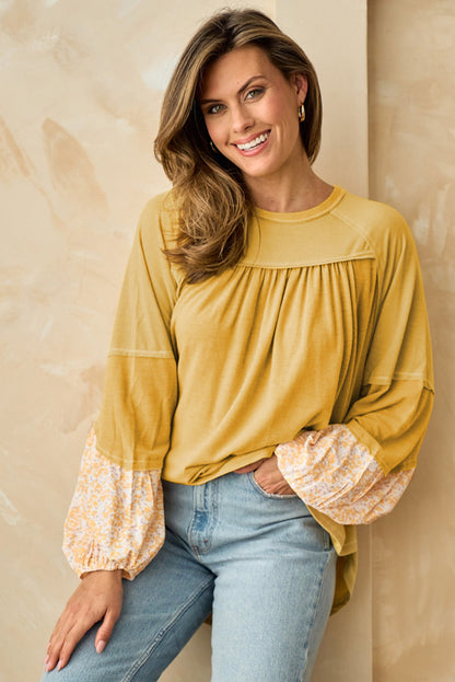 Floral Print Beige Colorblock Balloon Sleeve Top with Exposed Seams