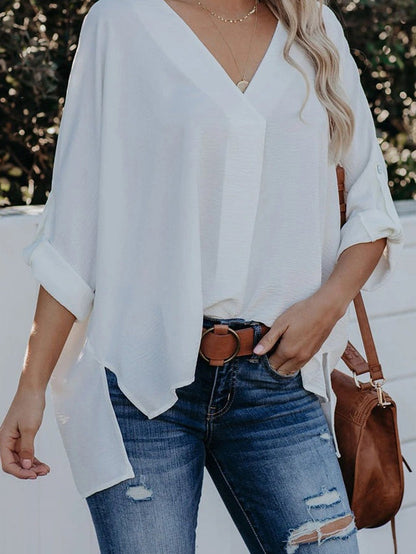 Elegant White V Neck High Low Hem Blouse