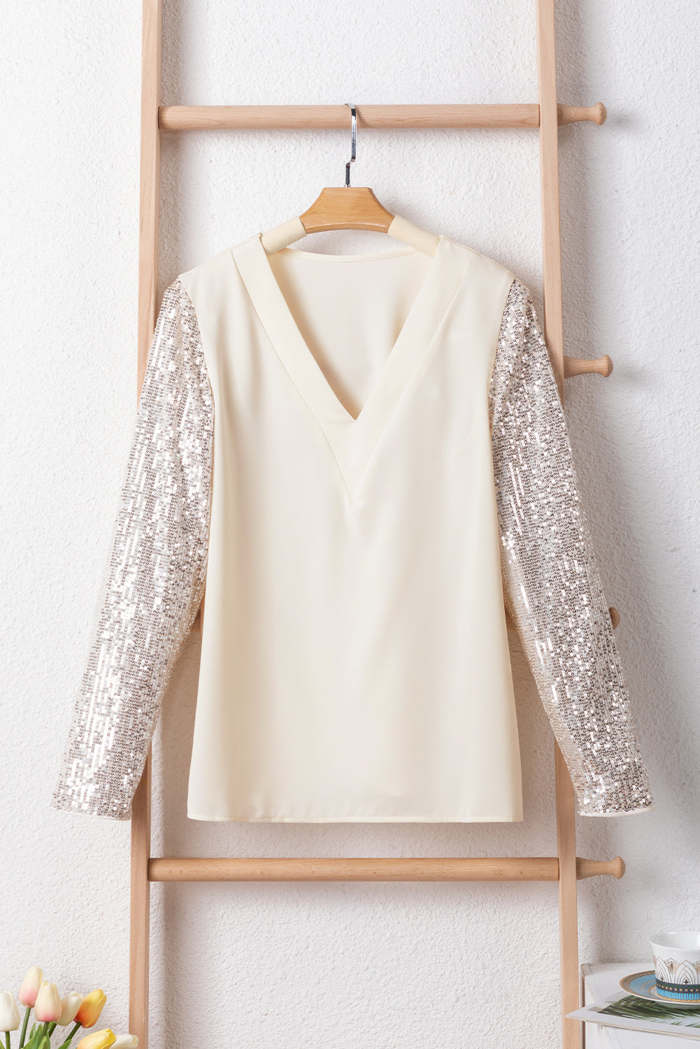 Elegant White Sequin Embellished V Neck Top