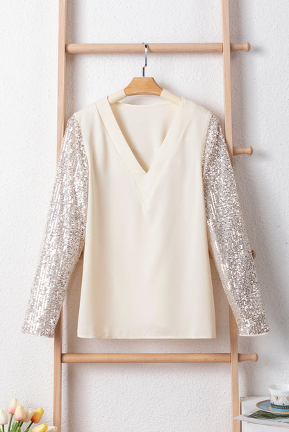 Elegant White Sequin Embellished V Neck Top