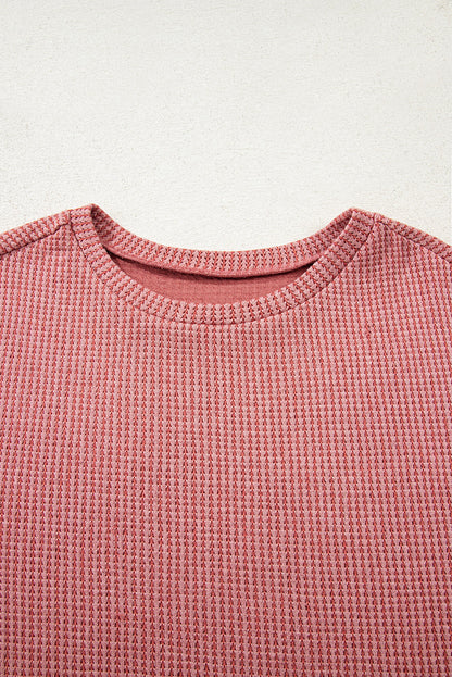 Mineral Red Textured Loose Pullover Top and Casual Short Two-piece Lounge Set