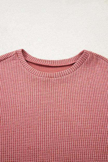 Mineral Red Textured Loose Pullover Top and Casual Short Two-piece Lounge Set