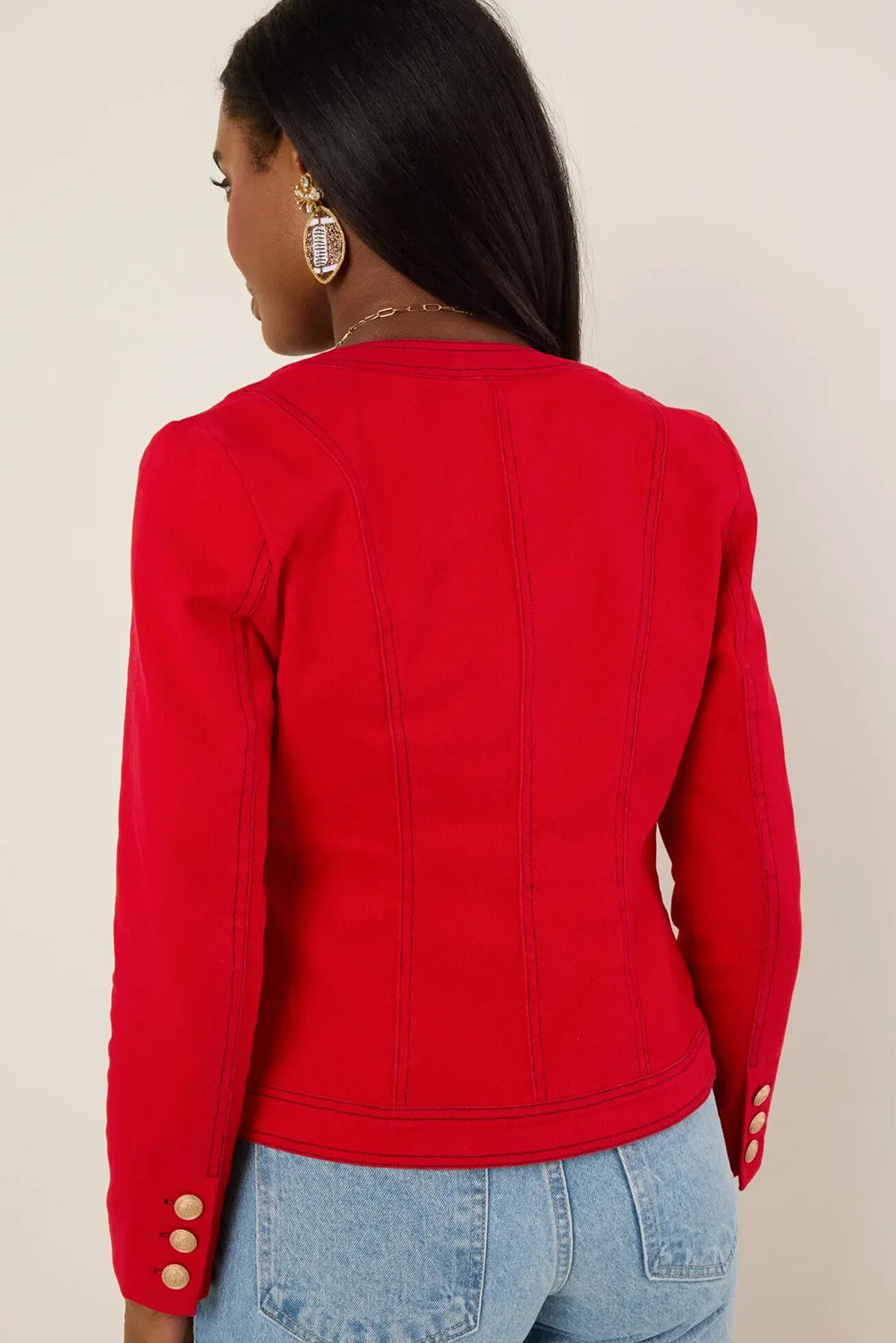 Fiery Red Patched Pocket Golden Buttons Tailored Jacket