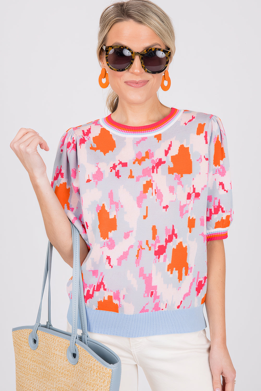 Light Blue Abstract Pattern Knit Contrast Striped Trim Short Sleeve Sweater