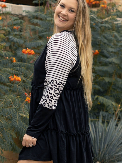 Black Plus Size Striped Leopard Patch Sleeve Ruffle Tiered Dress