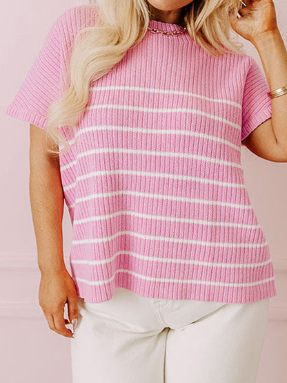 Pink Striped Ribbed Oversized T-Shirt for Plus Size Women