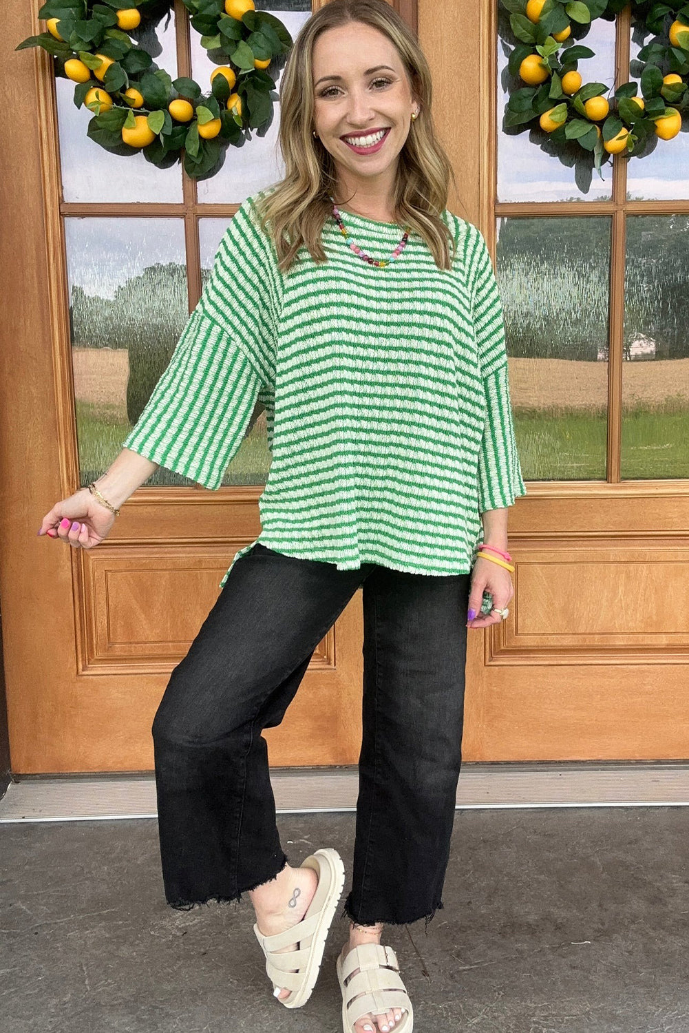 Green Stripe Bracelet Sleeve High Low Casual Top