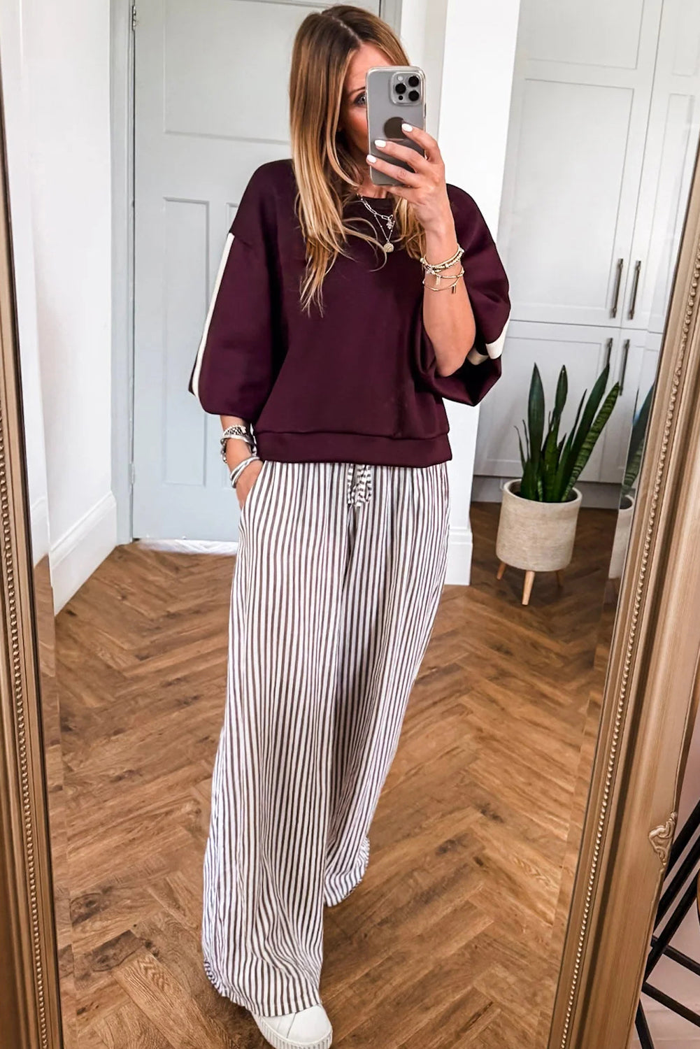 Burgundy Side Stripe Varsity Sweatshirt