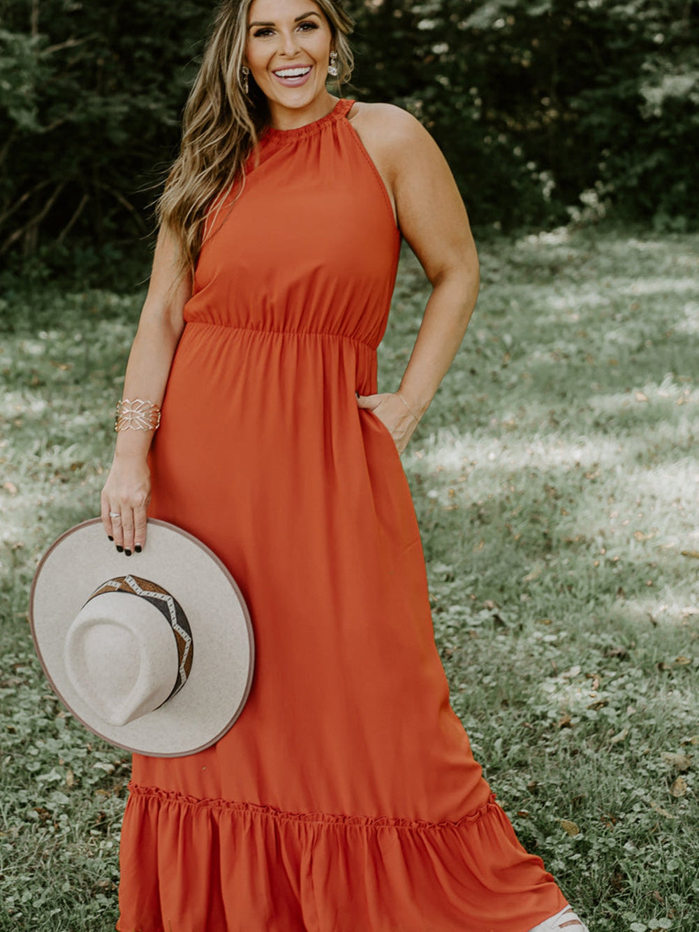 Russet Orange Plus Size Ruffled Hem Sleeveless Long Dress