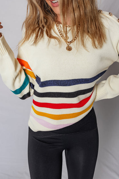 White Button Shoulder Detail Striped Print Drop Shoulder Sweater
