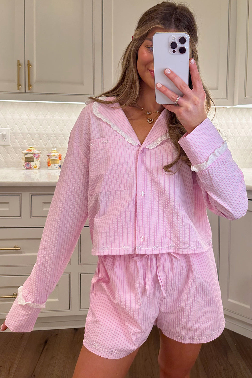 Pink Stripe Lace Trim Bow Detail Seersucker 2pcs Pajama Set