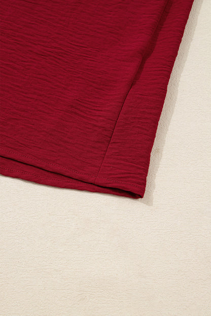 Burgundy Notched Neck Shirred Cuff Long Sleeve Blouse