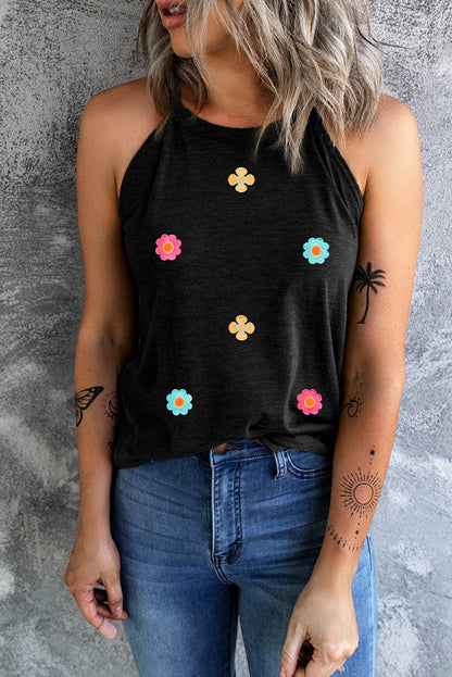 Floral Embroidered Black Tank Top with Sweet Details