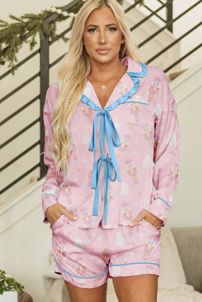 Pink Christmas Tree Nutcracker Doll Print Contrast Trim Tie Front Shirt Style Pajama Set