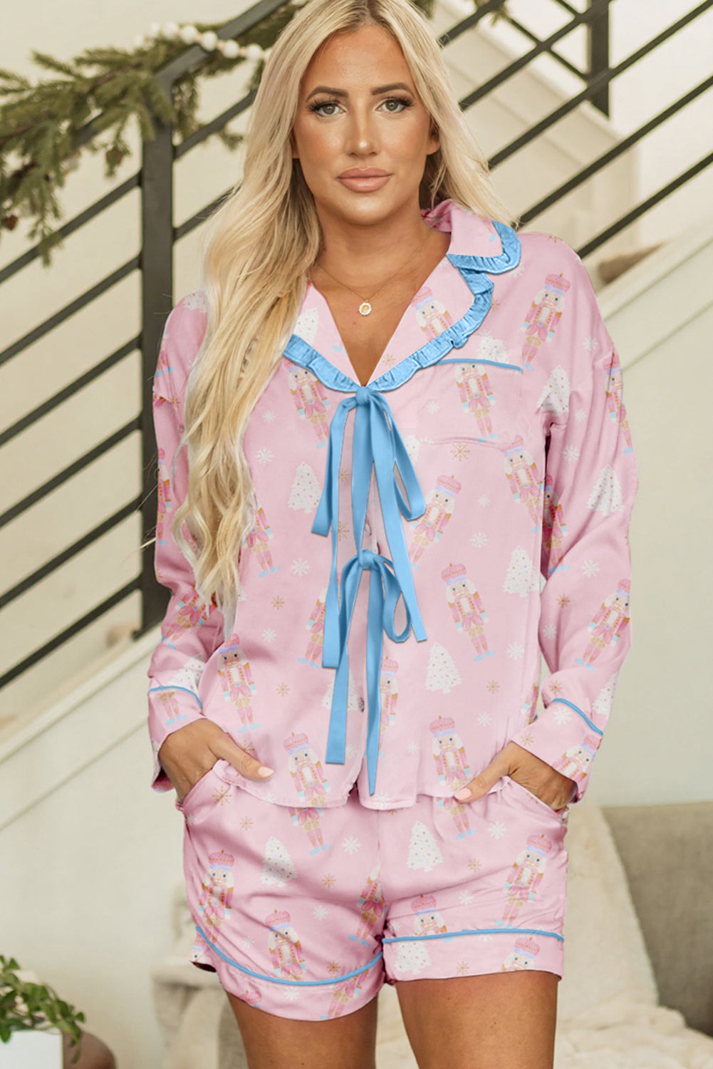 Pink Christmas Tree Nutcracker Doll Print Contrast Trim Tie Front Shirt Style Pajama Set