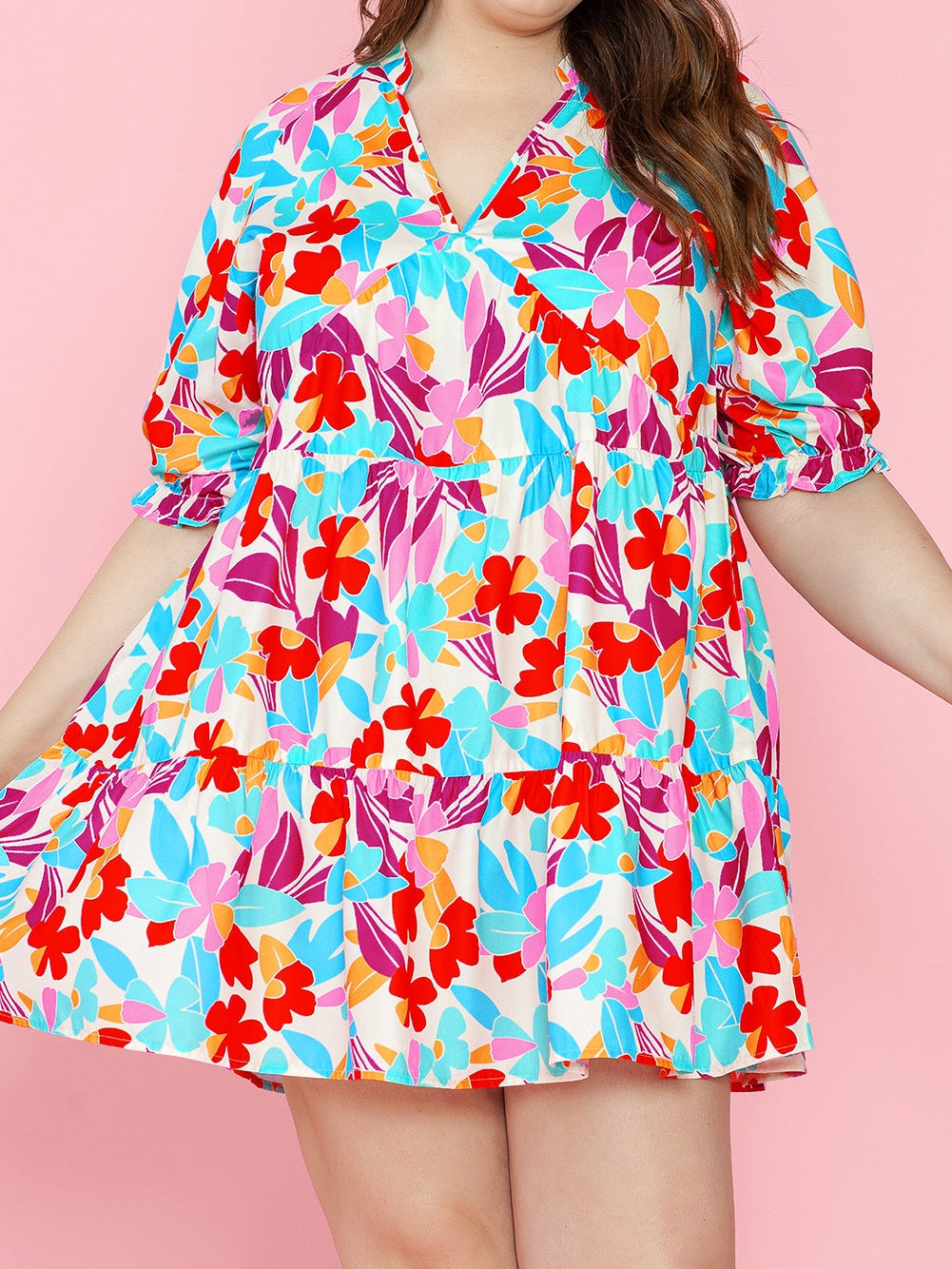 Multicolour Floral Tiered V Neck Plus Dress