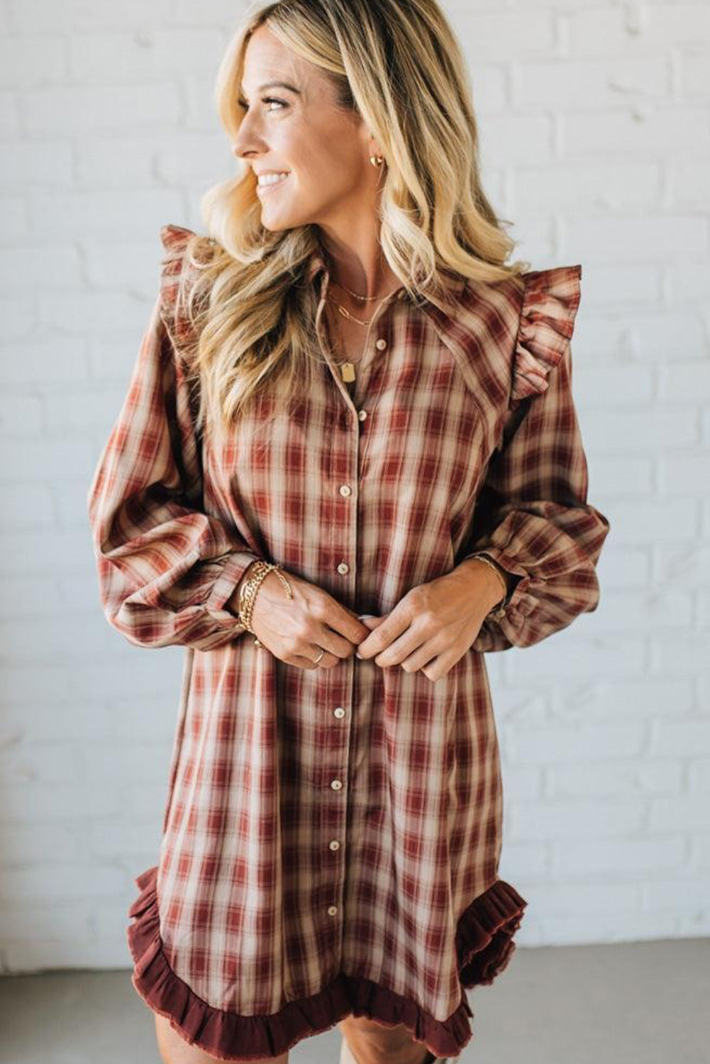 Red Plaid Print Ruffled Long Sleeve Patchwork Hem Mini Shirt Dress
