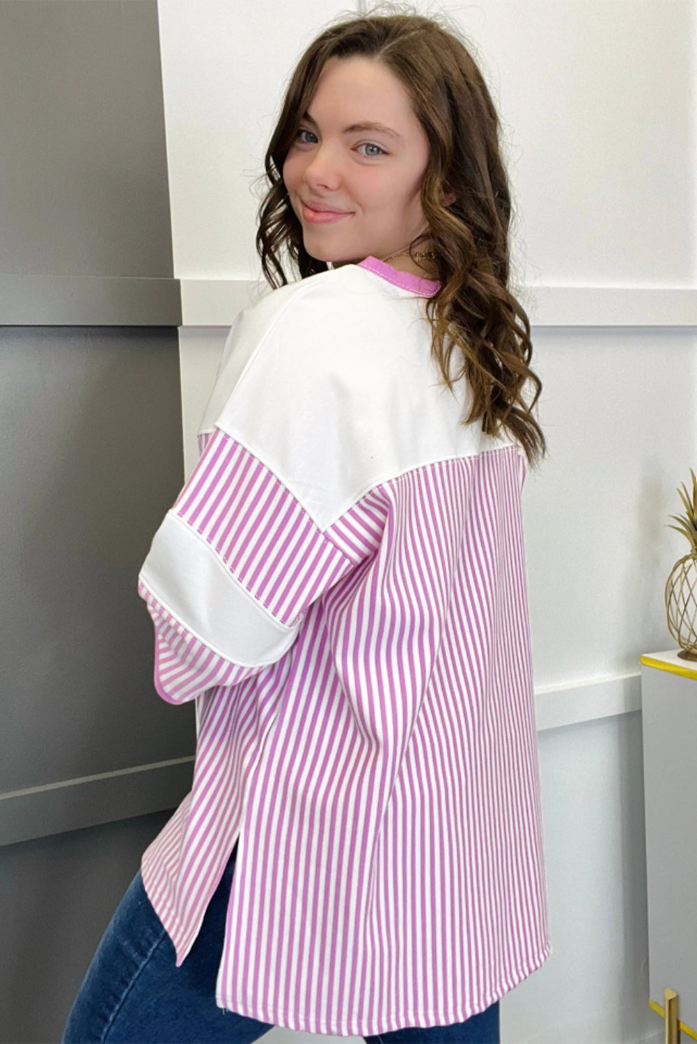 Pink Striped Patchwork Plus Size T-Shirt with Bracelet Sleeves