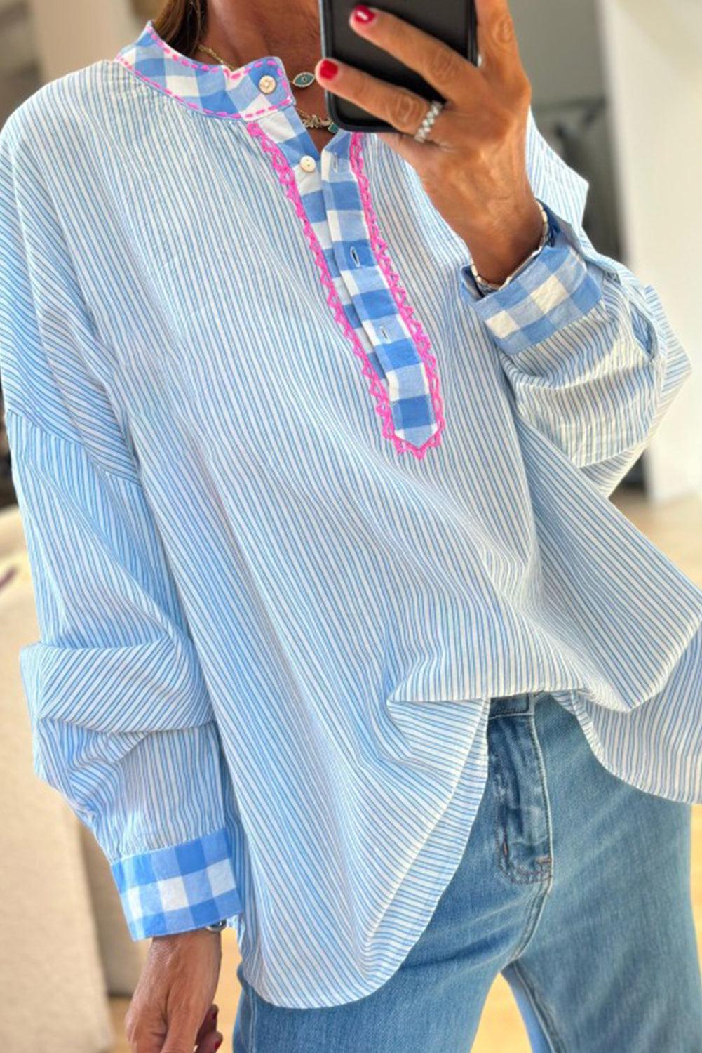 Sky Blue Stripe Plaid Patchwork Half Button Embroidered Trim Long Sleeve Blouse