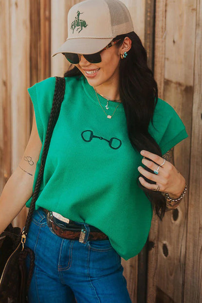 Bright Green Horse Bit Embroidered Loose Short Sleeve Sweater