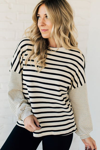 Black Stripe Mixed Pattern Thermal Knit Casual Sweatshirt