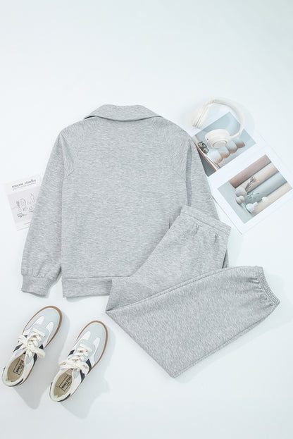 Light Grey Zip Collar Long Sleeve Top Drawstring Pants Set