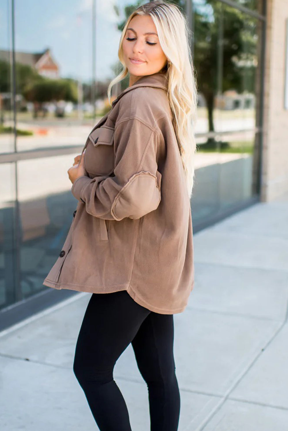 Dark Khaki Solid Color Exposed Seam Patchwork Button Down Fleece Shacket