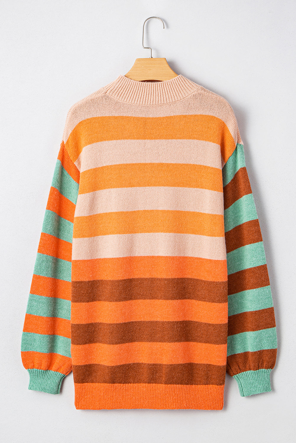 Orange Stripe Color Block Patchwork Sleeve Mock Neck Plus Size Sweater