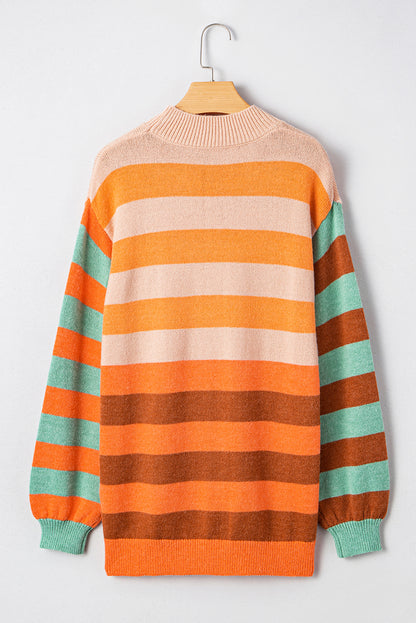 Orange Stripe Color Block Patchwork Sleeve Mock Neck Plus Size Sweater