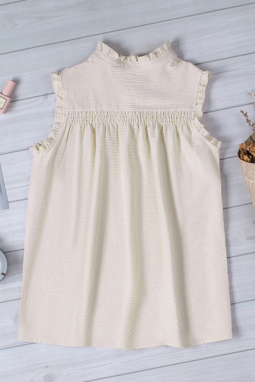 Apricot Frilled Sleeveless Top with Button Front Detail