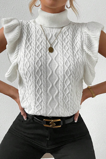 Elegant White Cable Knit Ruffle Sleeve Turtleneck Sweater
