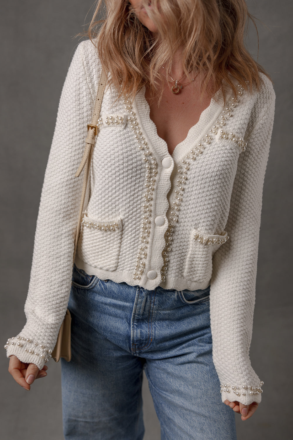 White Pearl Decor Scalloped Edge V Neck Elegant Cardigan Sweater