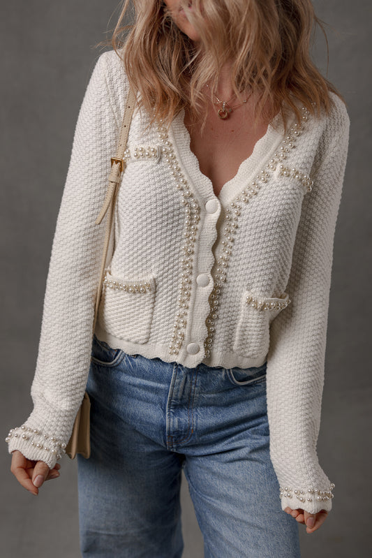 White Pearl Decor Scalloped Edge V Neck Elegant Cardigan Sweater