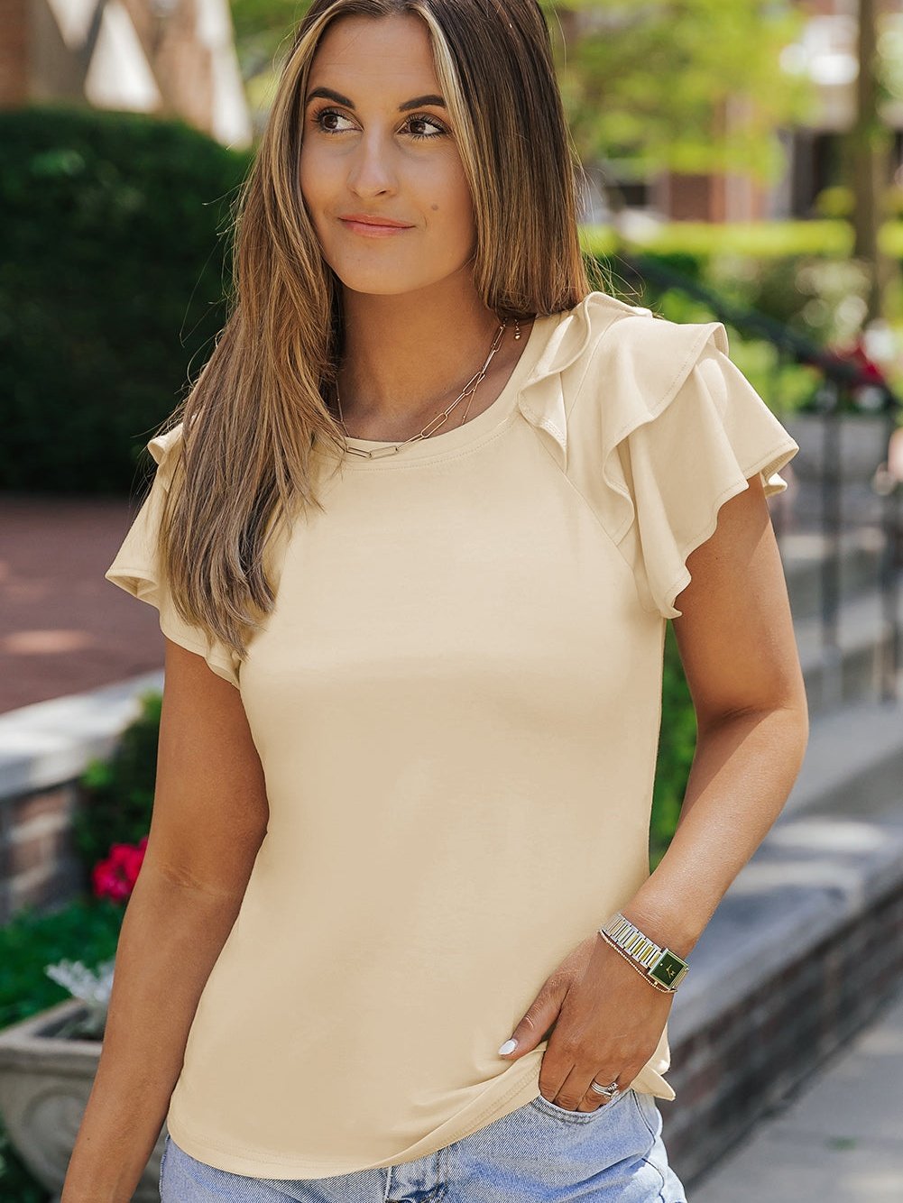 Apricot Tiered Ruffle Sleeve T-Shirt with Chic Style