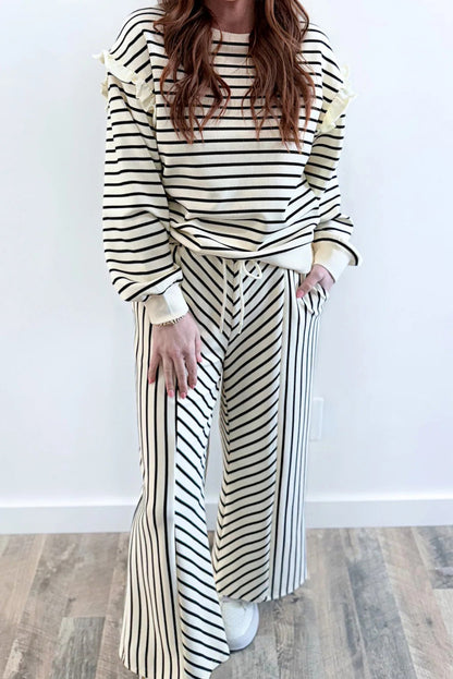 White Stripe Ruffle Trim Drop Shoulder Top Drawstring Loose Pant Set