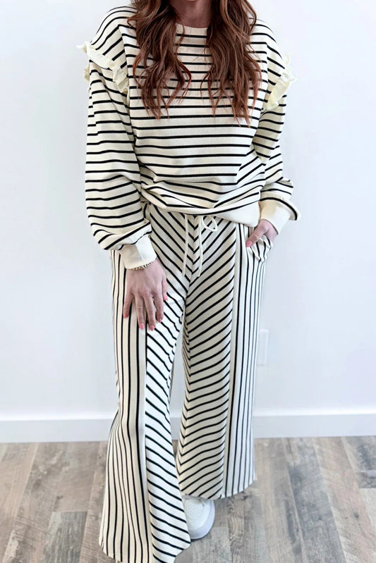 White Stripe Ruffle Trim Drop Shoulder Top Drawstring Loose Pant Set