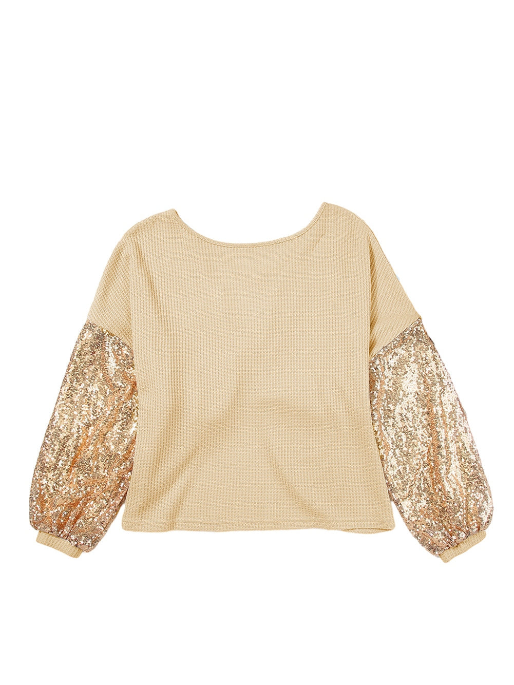 Apricot Sequin Patchwork Waffle Knit Open Back Top with Long Sleeves