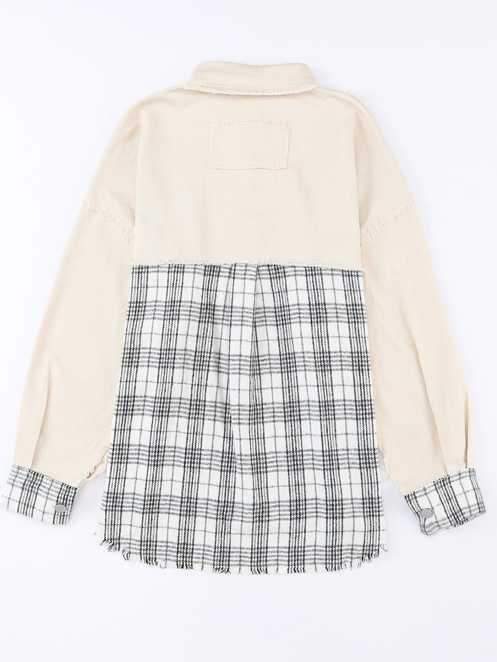 Khaki Plaid Patchwork Denim Shacket - Distressed Edges