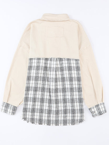 Khaki Plaid Patchwork Denim Shacket - Distressed Edges