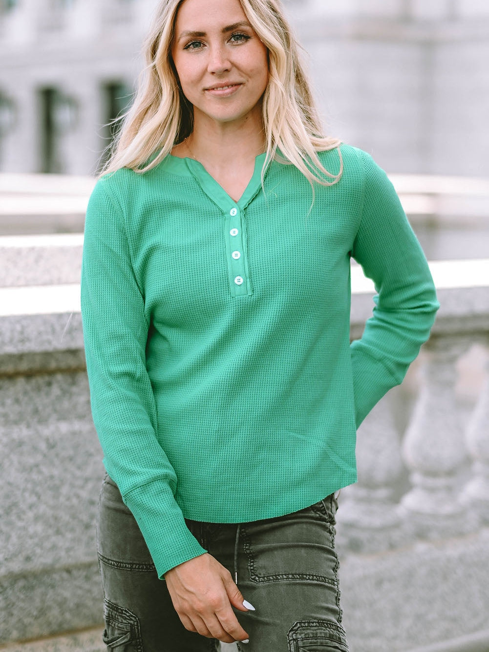 Green Button-Up Waffle Knit Henley Top