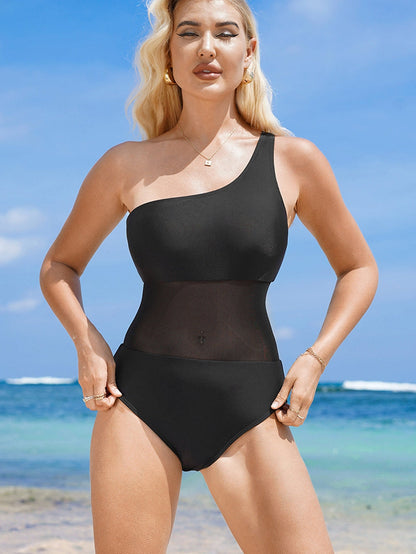 Black Mesh Patchwork One-shoulder Monokini Swimsuit
