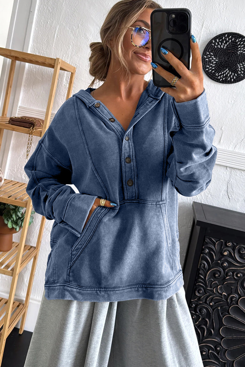 Dark Grey Mineral Wash Seam Detail Half Button Baggy Hooded Sweatshirt