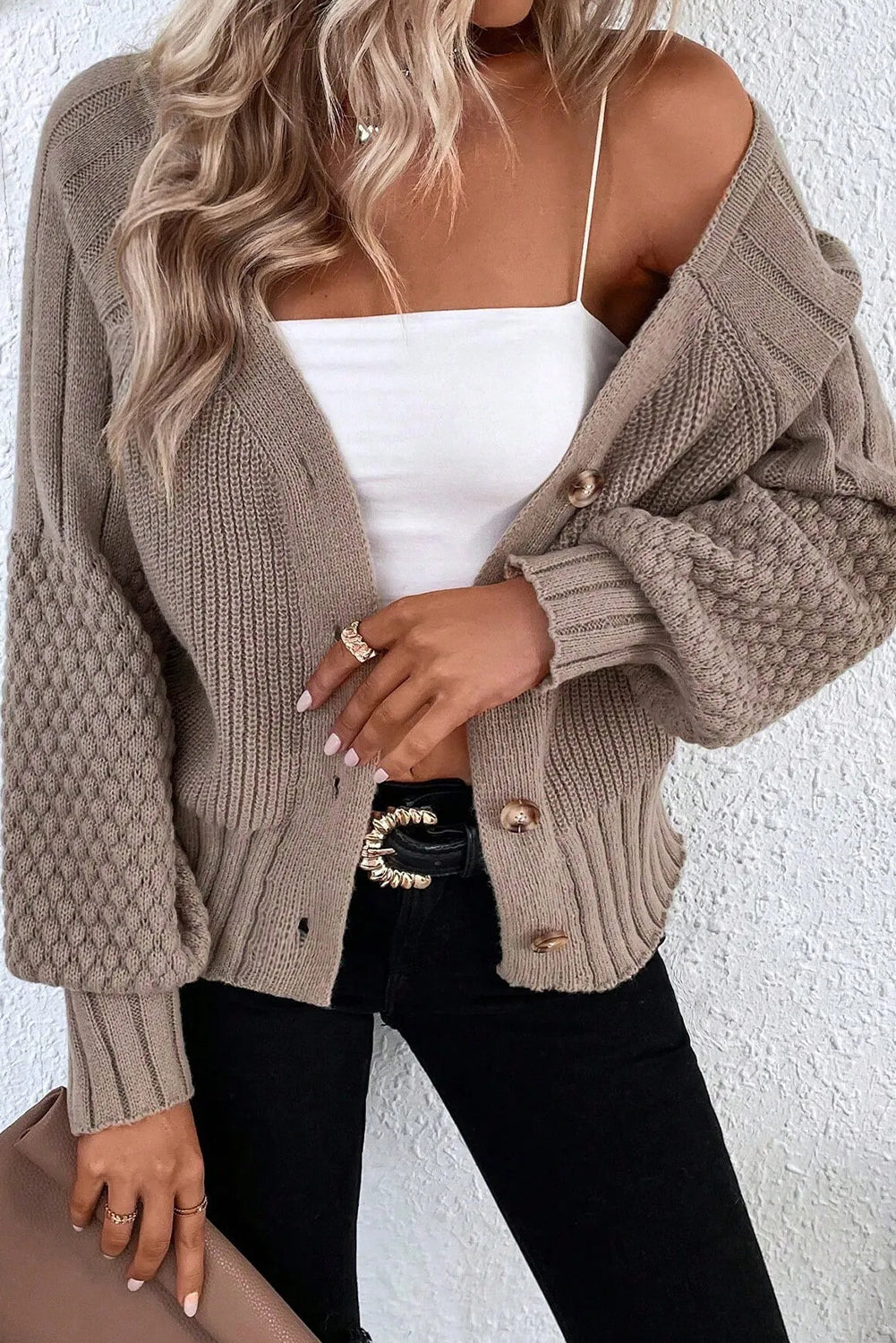 Goat Mixed Texture Knit Button V Neck Sweater Cardigan