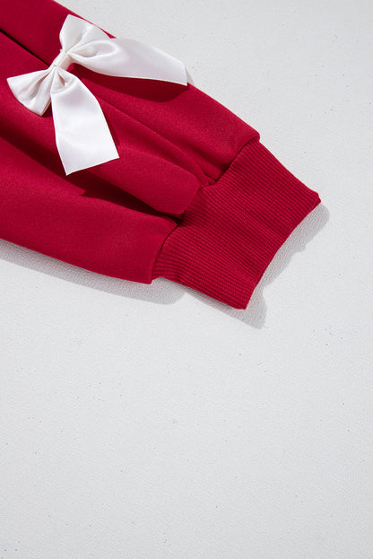 Fiery Red Contrast Bow Decor Dropped Sleeve Crewneck Sweatshirt