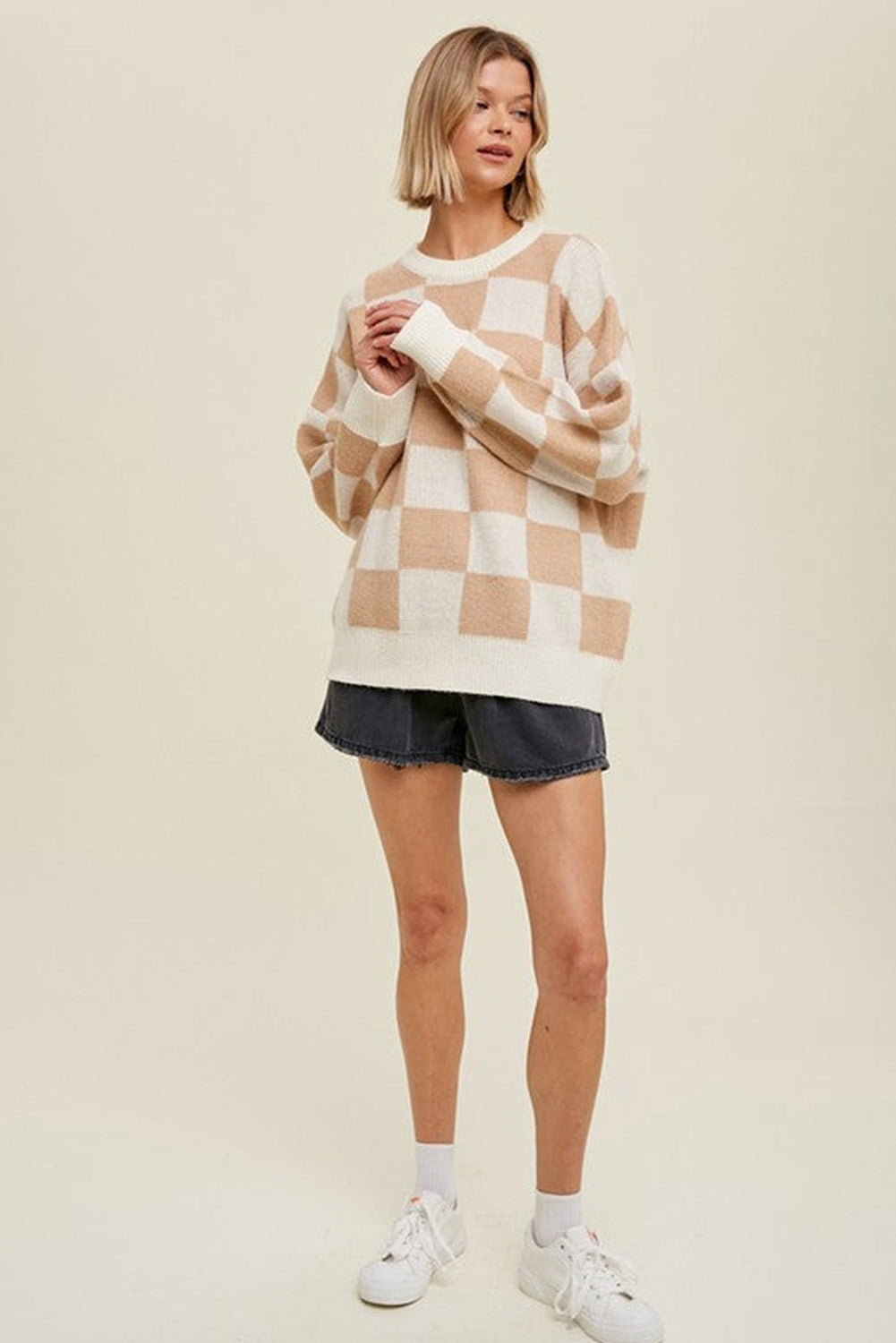 Parchment Ribbed Trim Checkered Pattern Knit Baggy Sweater