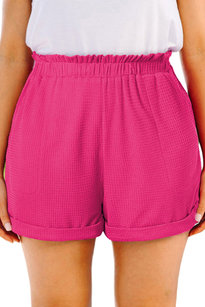 Vibrant Pink Plus Size Textured Shorts with Ruffled Elastic Waist